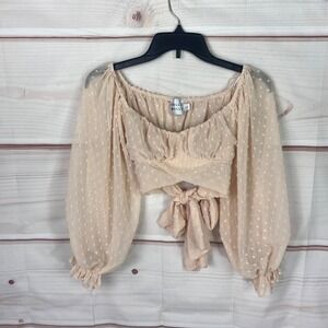 Hello Molly Top Womens US 4 Cream Chiffon Blouse Crop Swiss Dot Balloon Sleeve
